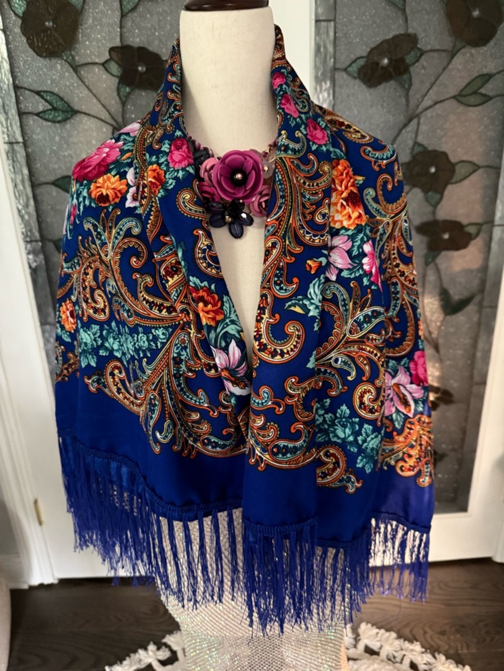 ARATTA NWT Vibrant Blue Floral Paisley Fringe Shawl Scarf